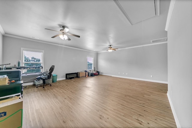 706 Greystone Blvd, Cabot, AR 72023 - home office with attic access, wood finished floors, crown molding, and a ceiling fan