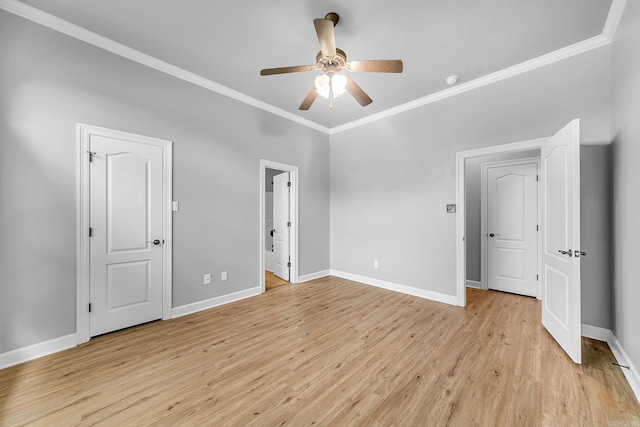 706 Greystone Blvd, Cabot, AR 72023 - unfurnished bedroom featuring crown molding, light wood-style flooring, ensuite bathroom, and a ceiling fan