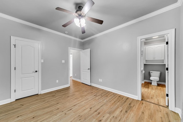 706 Greystone Blvd, Cabot, AR 72023 - unfurnished bedroom with crown molding, light wood-style floors, ensuite bathroom, and a ceiling fan
