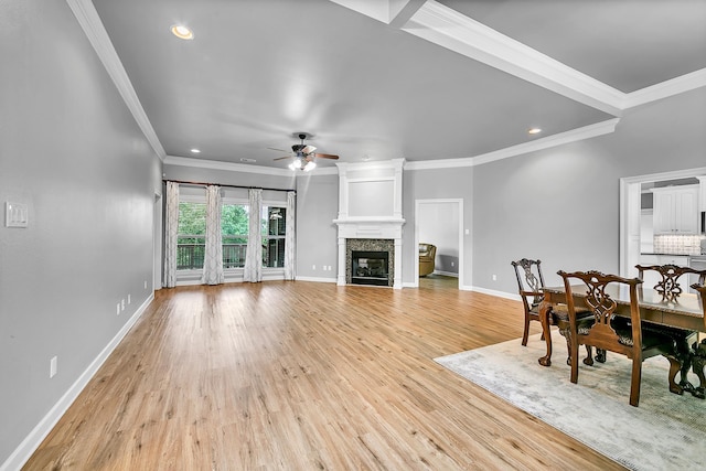 706 Greystone Blvd, Cabot, AR 72023 - living area with a ceiling fan, light wood-type flooring, recessed lighting, a fireplace, and crown molding