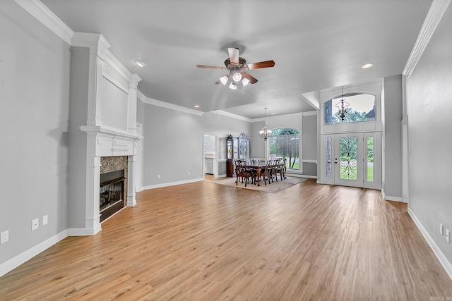706 Greystone Blvd, Cabot, AR 72023 - living area featuring ceiling fan, ornamental molding, light wood-style floors, a chandelier, and recessed lighting