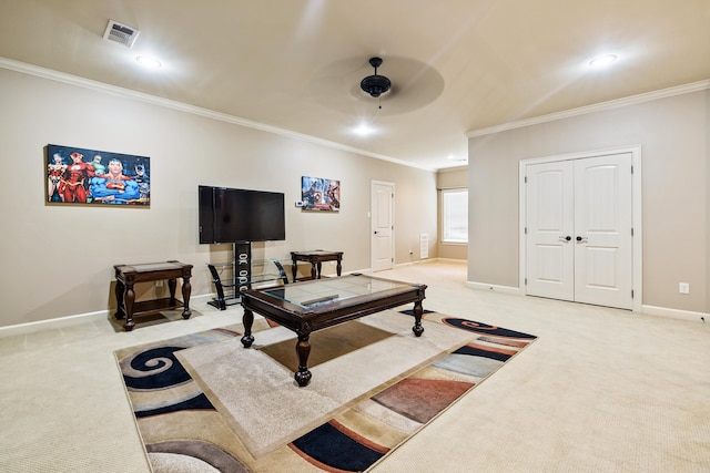 14 Longwell Loop, Little Rock, AR 72211 - living room featuring light carpet, ornamental molding, a ceiling fan, and recessed lighting