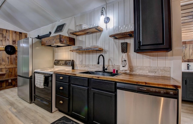 164 Roxie Ln, Greers Ferry, AR 72067 - kitchen featuring stainless steel dishwasher, electric range, open shelves, butcher block counters, and vaulted ceiling