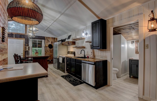 164 Roxie Ln, Greers Ferry, AR 72067 - kitchen featuring electric range oven, stainless steel dishwasher, dark cabinetry, light wood-style floors, and vaulted ceiling