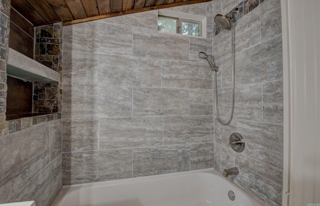 164 Roxie Ln, Greers Ferry, AR 72067 - bathroom featuring washtub / shower combination and wooden ceiling