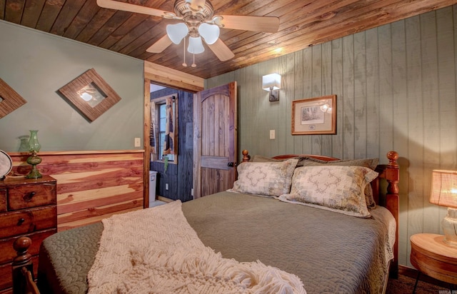164 Roxie Ln, Greers Ferry, AR 72067 - bedroom with wooden ceiling, wooden walls, and a ceiling fan