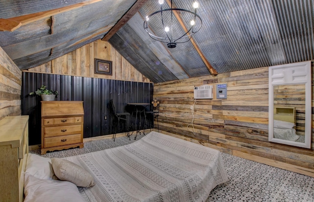 164 Roxie Ln, Greers Ferry, AR 72067 - bedroom featuring wood walls, vaulted ceiling, a wall unit AC, and a chandelier
