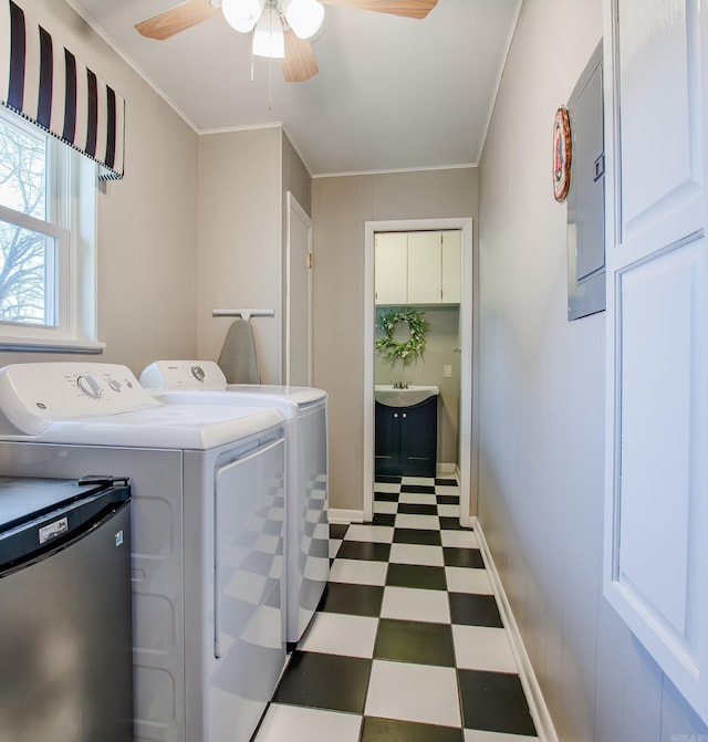 3 Sonata Trl, Little Rock, AR 72205 - laundry area with tile patterned floors, washing machine and dryer, a ceiling fan, cabinet space, and electric panel