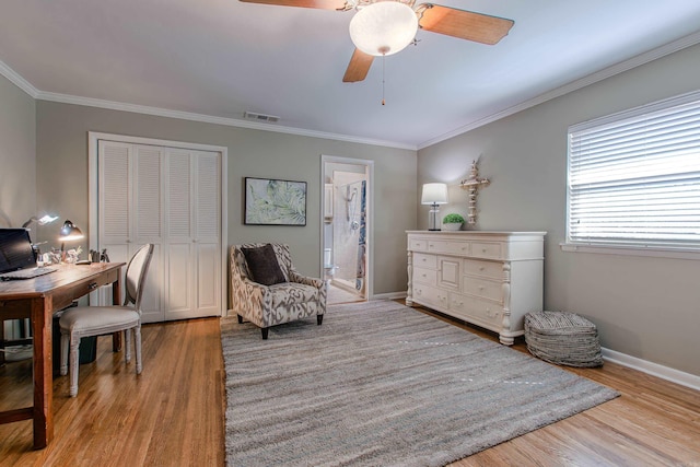 3 Sonata Trl, Little Rock, AR 72205 - living area with wood finished floors, crown molding, an office area, and a ceiling fan