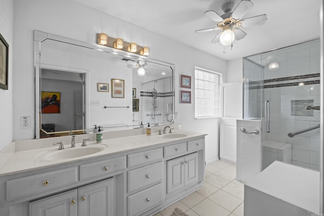 1323 Starfield, North Little Rock, AR 72116 - full bath featuring ceiling fan, double vanity, a shower stall, and tile patterned flooring