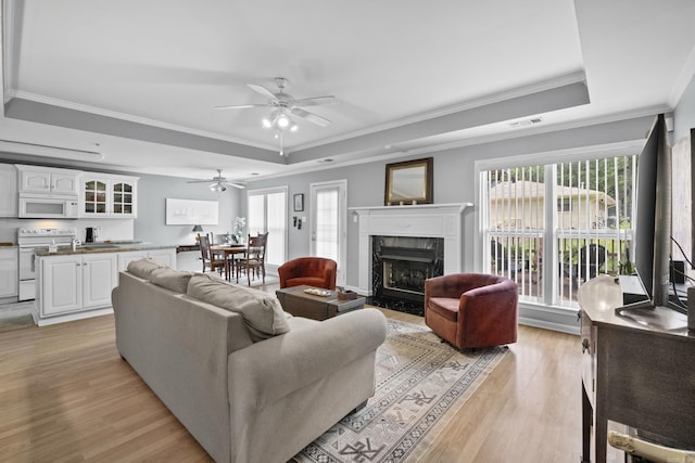1323 Starfield, North Little Rock, AR 72116 - living room with a raised ceiling, ornamental molding, ceiling fan, light wood finished floors, and a premium fireplace