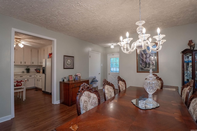 3209 Jack Mann Rd, Little Rock, AR 72210 - dining space with dark wood-style floors, a textured ceiling, a chandelier, and a ceiling fan
