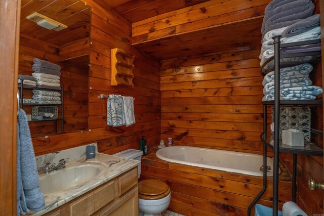 3209 Jack Mann Rd, Little Rock, AR 72210 - bathroom with vanity, a tub, wood walls, and wood ceiling
