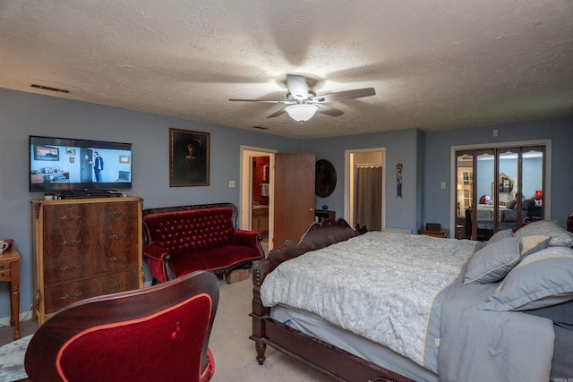 3209 Jack Mann Rd, Little Rock, AR 72210 - bedroom featuring carpet flooring, access to outside, a textured ceiling, and a ceiling fan