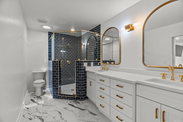 125 Englewood Rd, Little Rock, AR 72207 - full bathroom featuring double vanity, marble finish floors, a stall shower, and recessed lighting