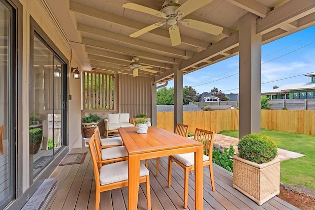 125 Englewood Rd, Little Rock, AR 72207 - wooden terrace featuring ceiling fan, a fenced backyard, and outdoor dining space