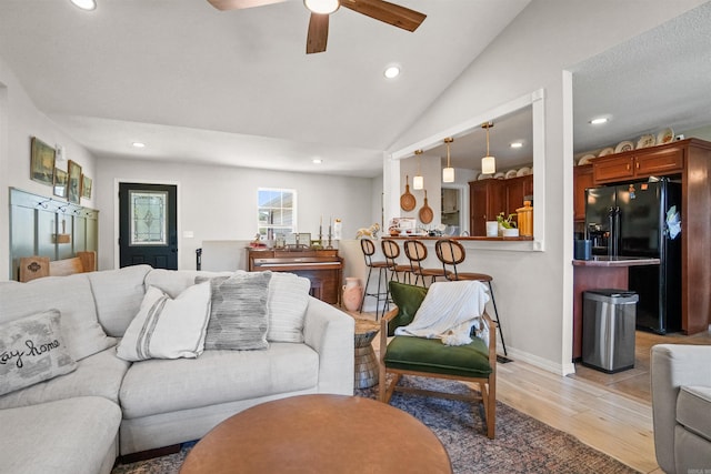 1905 Highgrove Rd, Harrison, AR 72601 - living area featuring light wood-type flooring, a ceiling fan, recessed lighting, and vaulted ceiling