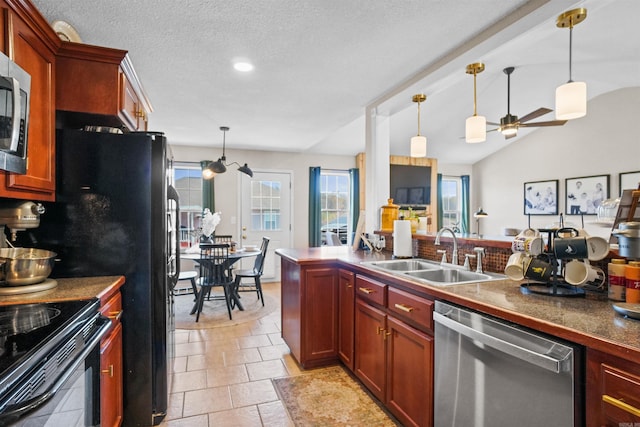 1905 Highgrove Rd, Harrison, AR 72601 - kitchen featuring stainless steel appliances, a ceiling fan, decorative light fixtures, lofted ceiling, and open floor plan