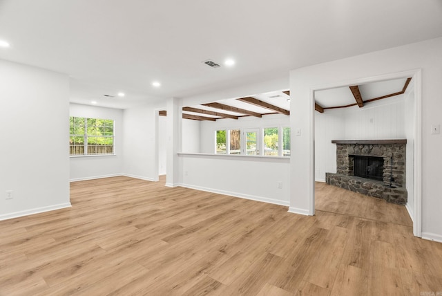 8719 Evergreen Dr, Little Rock, AR 72227 - unfurnished living room with wood finished floors, recessed lighting, beam ceiling, and a fireplace