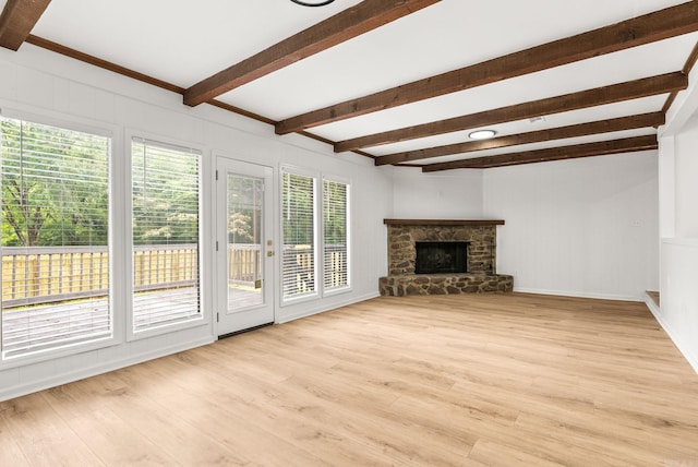 8719 Evergreen Dr, Little Rock, AR 72227 - unfurnished living room with beamed ceiling, light wood finished floors, and a fireplace
