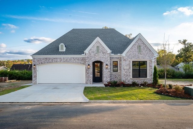 111 Mergeron Ct, Little Rock, AR 72212 - french country home featuring concrete driveway, a front yard, brick siding, and a garage