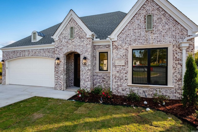 111 Mergeron Ct, Little Rock, AR 72212 - french country home featuring concrete driveway, a garage, brick siding, roof with shingles, and a front yard