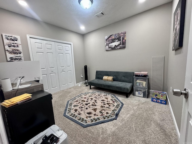 389 Plantation Cir, Melbourne, AR 72556 - home office featuring carpet flooring, a textured ceiling, and recessed lighting