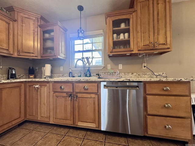 389 Plantation Cir, Melbourne, AR 72556 - kitchen with dishwasher, tile patterned flooring, pendant lighting, glass insert cabinets, and a textured ceiling
