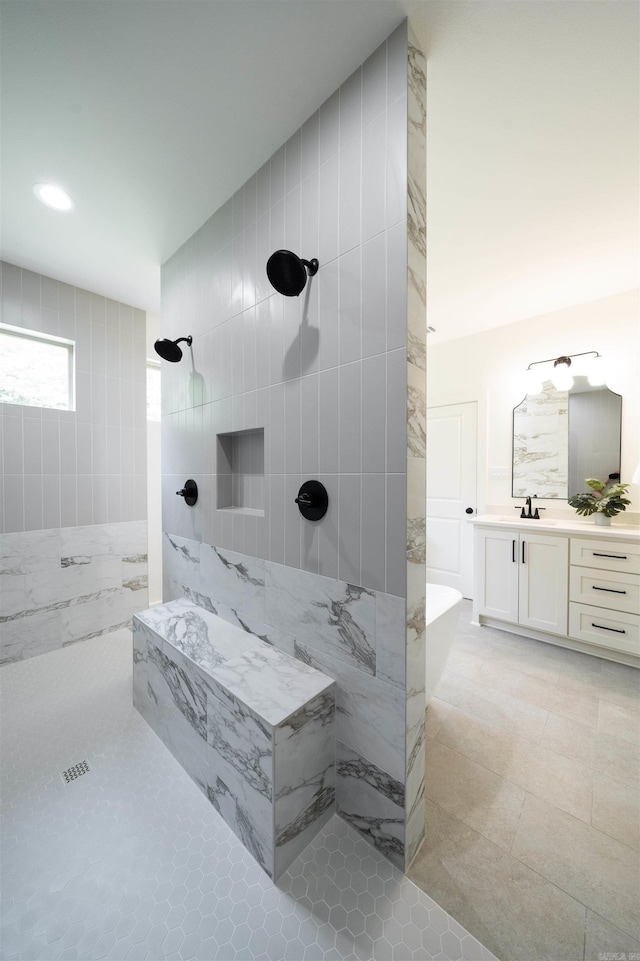 14509 Stonebrook Ln, Maumelle, AR 72113 - full bathroom featuring vanity, a tile shower, a freestanding bath, recessed lighting, and tile patterned floors