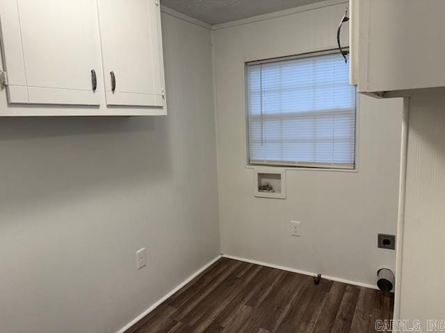1520 S Main St, Malvern, AR 72104 - washroom featuring hookup for a washing machine, dark wood finished floors, cabinet space, electric dryer hookup, and crown molding