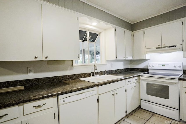 42 Bradford, Little Rock, AR 72227 - kitchen featuring white appliances, under cabinet range hood, crown molding, dark countertops, and white cabinets