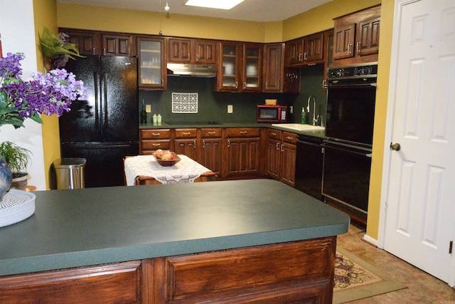 6 Lendl Loop, Little Rock, AR 72210 - kitchen with black appliances, under cabinet range hood, glass insert cabinets, and backsplash