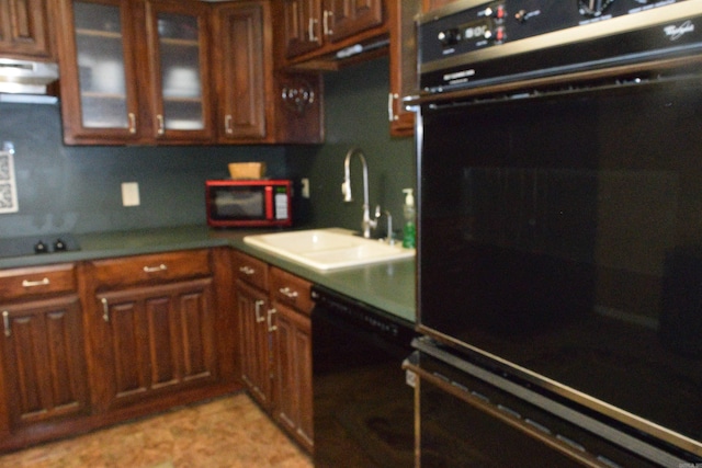 6 Lendl Loop, Little Rock, AR 72210 - kitchen with black appliances, range hood, glass insert cabinets, and decorative backsplash