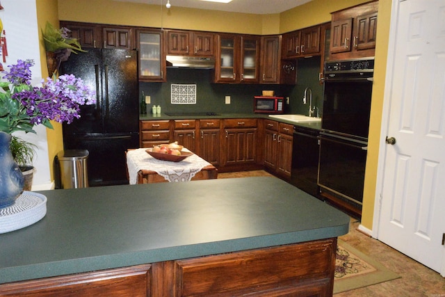 6 Lendl Loop, Little Rock, AR 72210 - kitchen featuring black appliances, under cabinet range hood, glass insert cabinets, and decorative backsplash