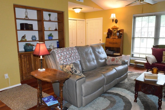 6 Lendl Loop, Little Rock, AR 72210 - living room with a ceiling fan, wood finished floors, and vaulted ceiling