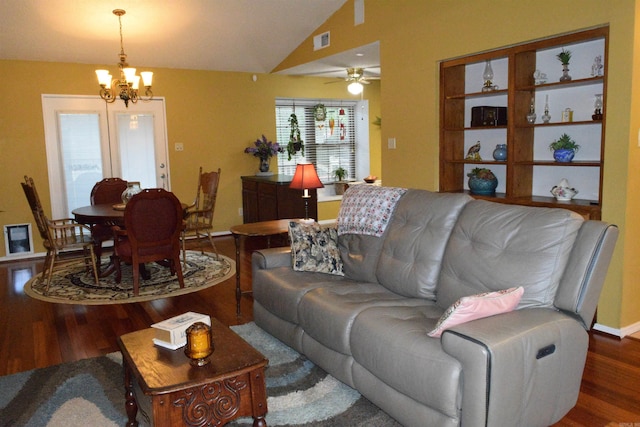 6 Lendl Loop, Little Rock, AR 72210 - living area featuring wood finished floors, a chandelier, vaulted ceiling, and ceiling fan