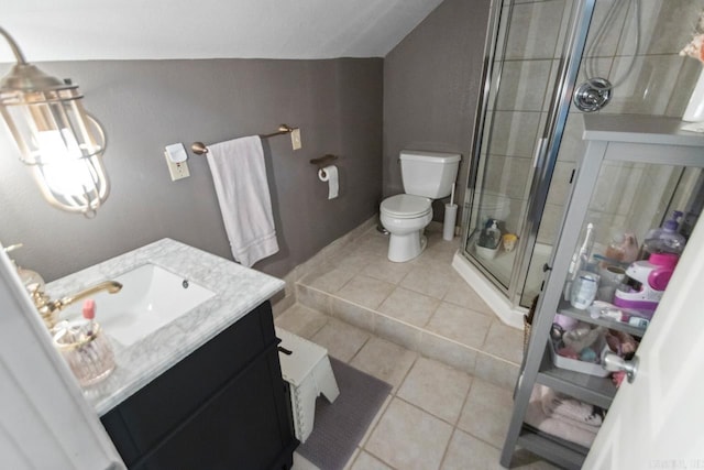 1116 Kavanaugh Blvd, Little Rock, AR 72205 - full bathroom with vanity, a stall shower, tile patterned flooring, and lofted ceiling