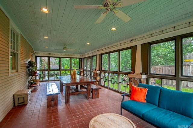 1116 Kavanaugh Blvd, Little Rock, AR 72205 - sunroom / solarium featuring an outdoor hangout area, ceiling fan, wooden ceiling, tile patterned floors, and recessed lighting