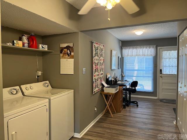 600 Higdon Ferry Rd Unit 301, Hot Springs, AR 71913 - washroom with a textured ceiling, washing machine and dryer, wood finished floors, a ceiling fan, and an office area