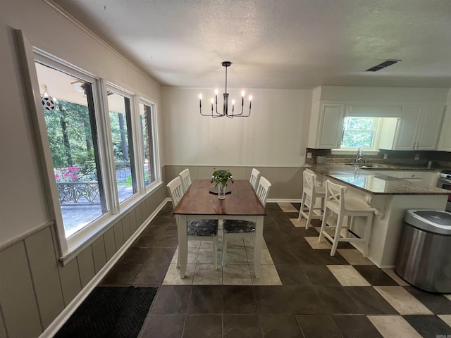 114 Mark Cir, Monticello, AR 71655 - dining room featuring a chandelier, wainscoting, and a textured ceiling