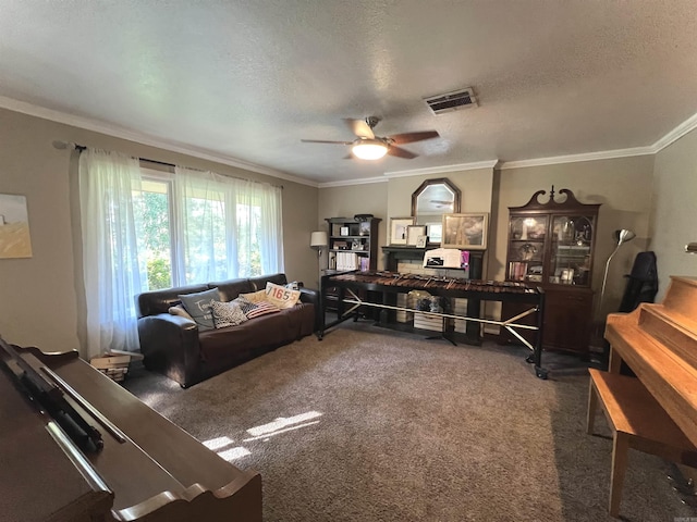 114 Mark Cir, Monticello, AR 71655 - carpeted living room with ornamental molding, a textured ceiling, and a ceiling fan