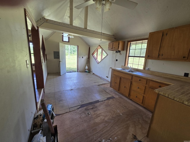 394 Otis Rd, Clinton, AR 72031 - kitchen featuring brown cabinets, vaulted ceiling, ceiling fan, and electric panel