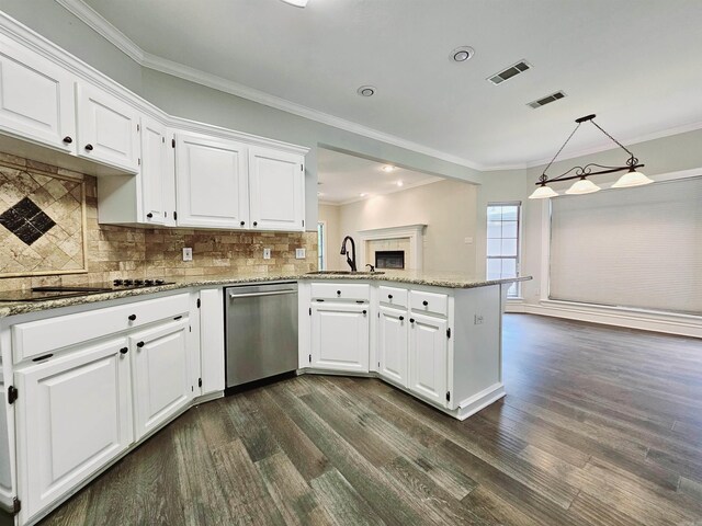 158 Calais, Maumelle, AR 72113 - kitchen with stainless steel dishwasher, black electric stovetop, ornamental molding, a peninsula, and white cabinets