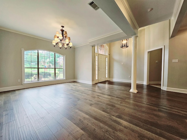 158 Calais, Maumelle, AR 72113 - unfurnished living room with a chandelier, dark wood-style floors, crown molding, and decorative columns