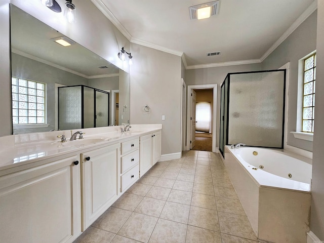 158 Calais, Maumelle, AR 72113 - bathroom with a stall shower, double vanity, a jetted tub, tile patterned floors, and ornamental molding