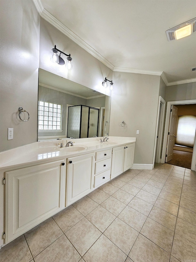 158 Calais, Maumelle, AR 72113 - full bath featuring crown molding, double vanity, tile patterned flooring, and a stall shower