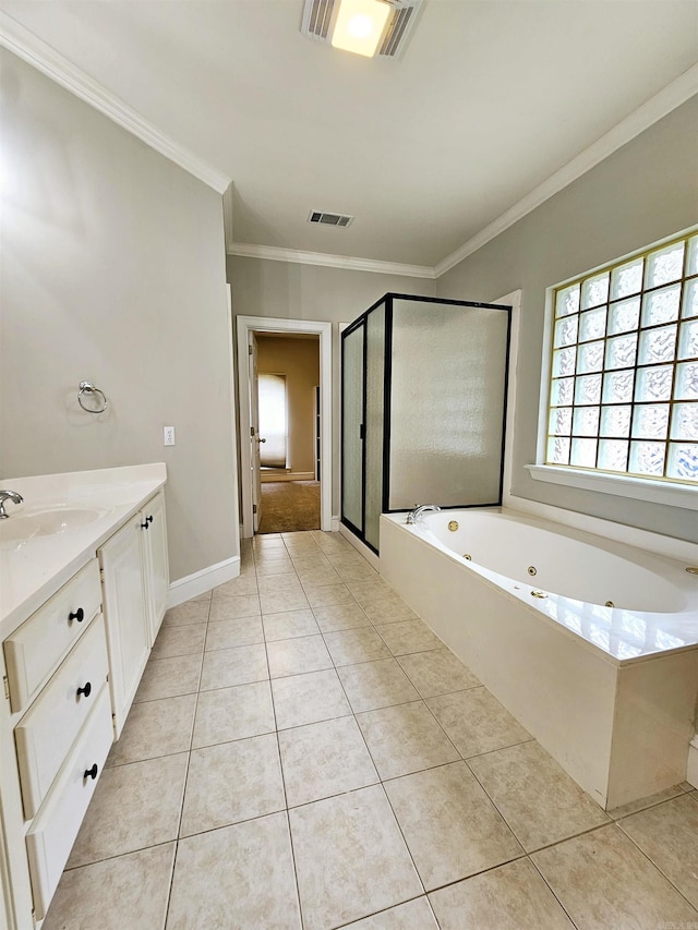 158 Calais, Maumelle, AR 72113 - bathroom with a tub with jets, vanity, a stall shower, tile patterned floors, and ornamental molding