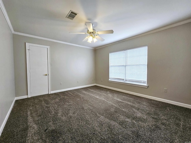 158 Calais, Maumelle, AR 72113 - spare room with crown molding, a ceiling fan, and dark colored carpet