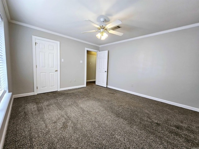 158 Calais, Maumelle, AR 72113 - unfurnished bedroom with crown molding, dark carpet, and a ceiling fan
