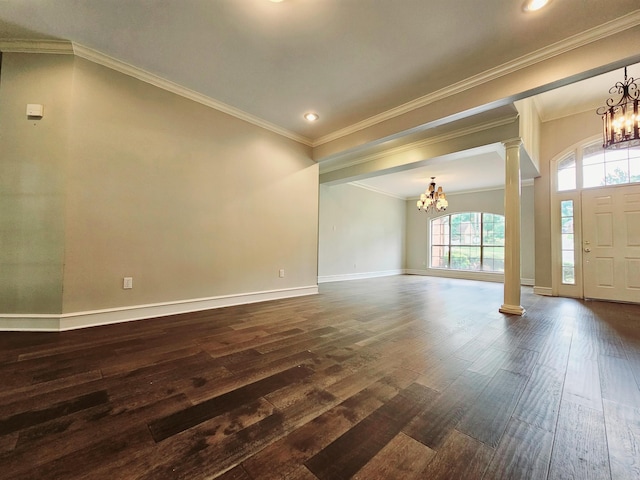 158 Calais, Maumelle, AR 72113 - foyer entrance featuring a chandelier, ornate columns, dark wood-type flooring, ornamental molding, and recessed lighting